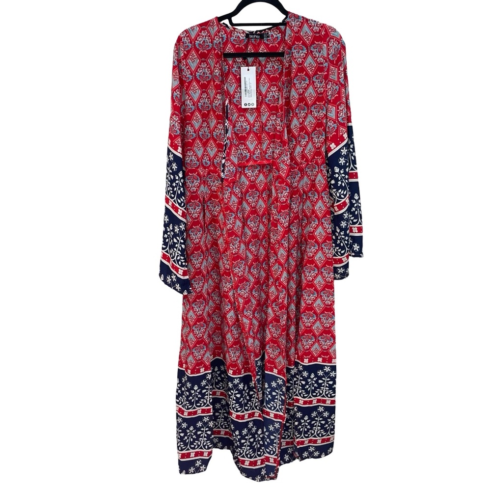 boohoo Women's Rosy Woven Border Print Flare Floral Maxi Bohemian Kimono…